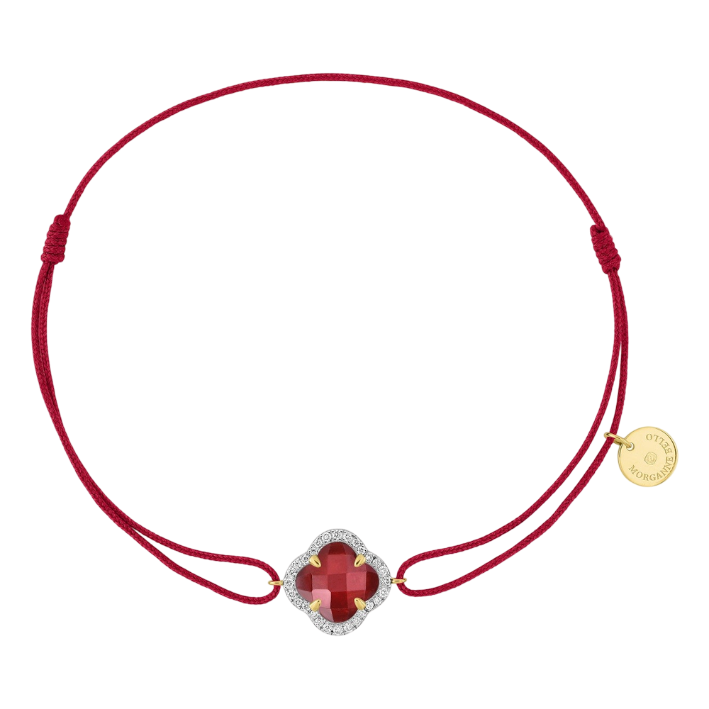 Bracelet, Mini Quartz Rouge, Diamants, Cordon Rouge, Or Jaune