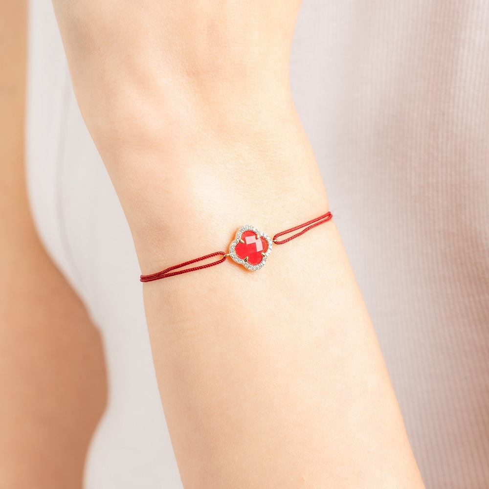 Bracelet, Mini Quartz Rouge, Diamants, Cordon Rouge, Or Jaune