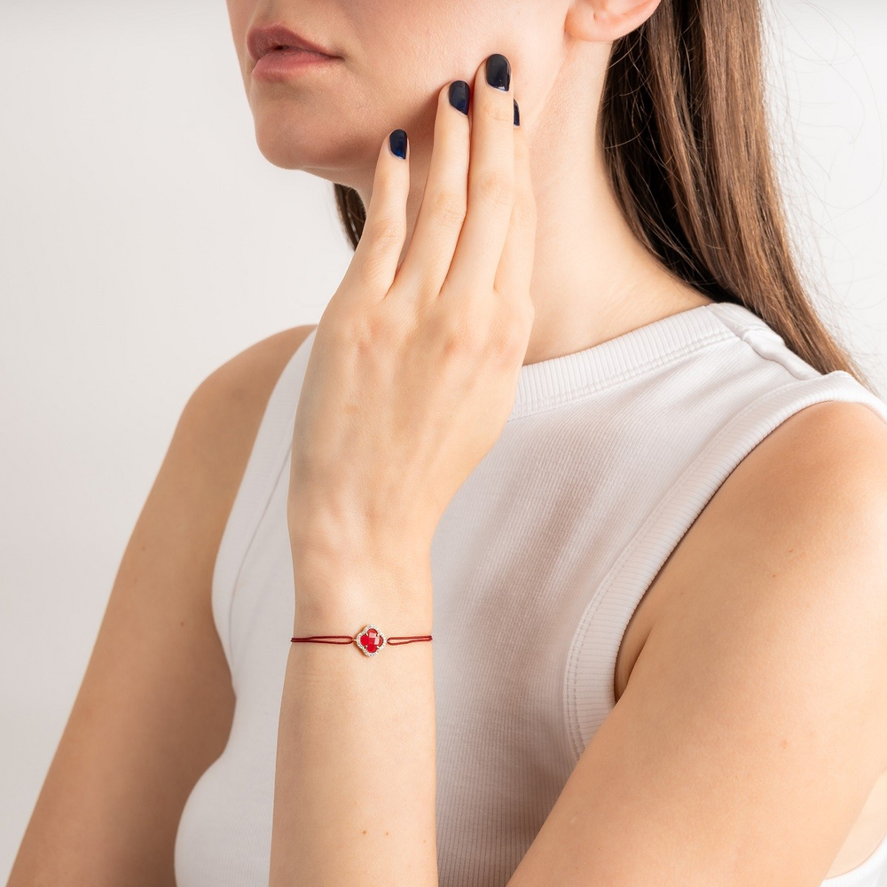 Bracelet, Mini Quartz Rouge, Diamants, Cordon Rouge, Or Jaune