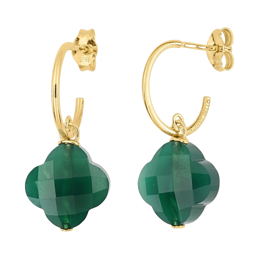 Boucles D'oreilles, Agate Verte, Or Jaune