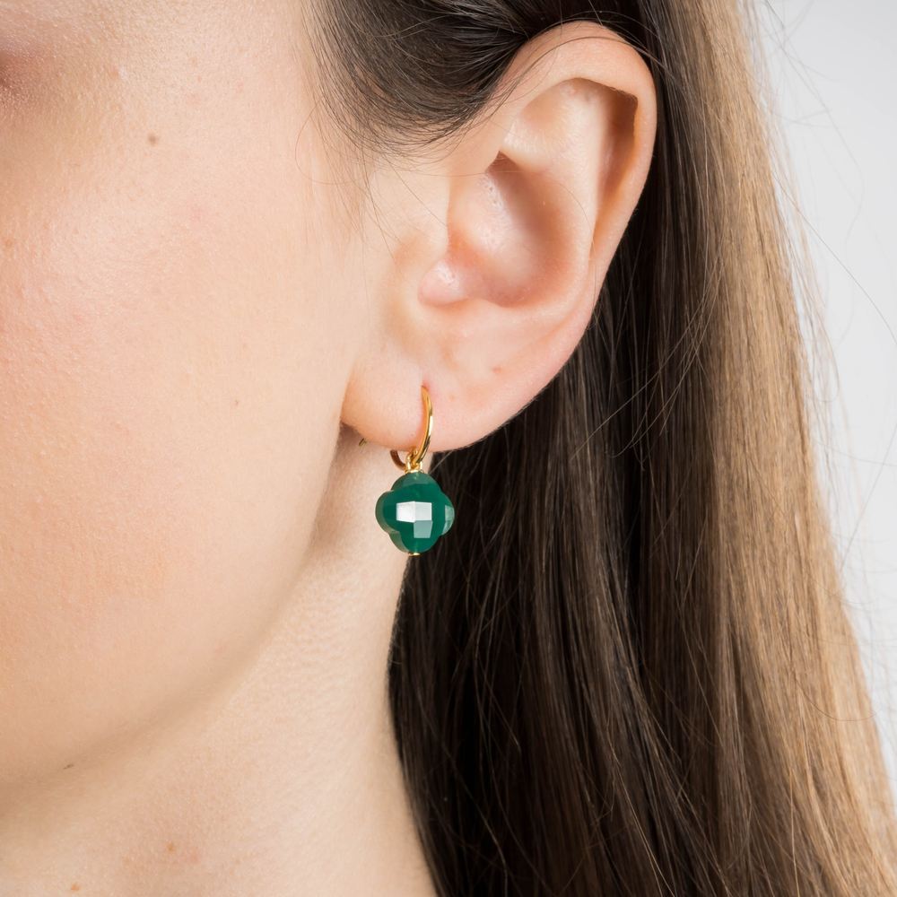 Boucles D'oreilles, Agate Verte, Or Jaune