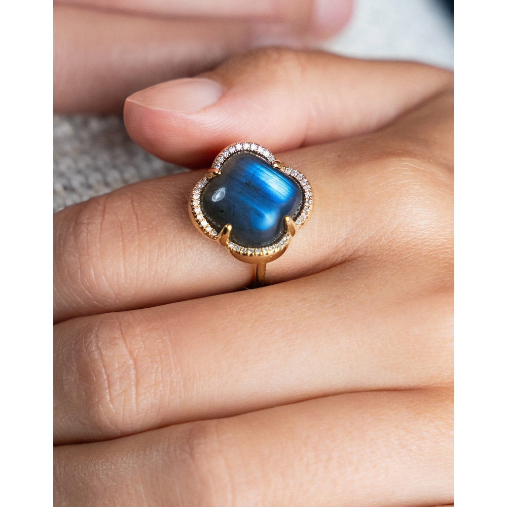 Bague, Labradorite, Entourage Diamants, Or Jaune - Bijouterie Aurea｜Morges