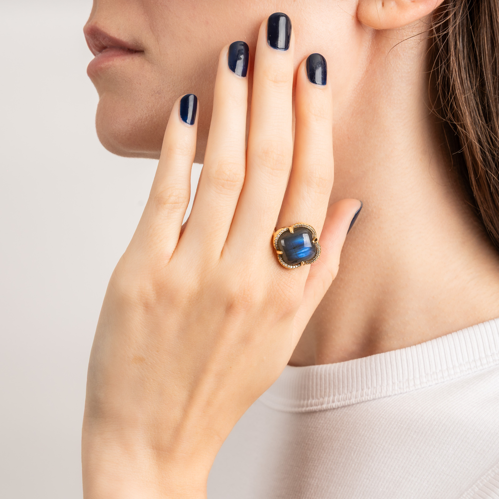Bague, Labradorite, Entourage Diamants, Or Jaune - Bijouterie Aurea｜Morges