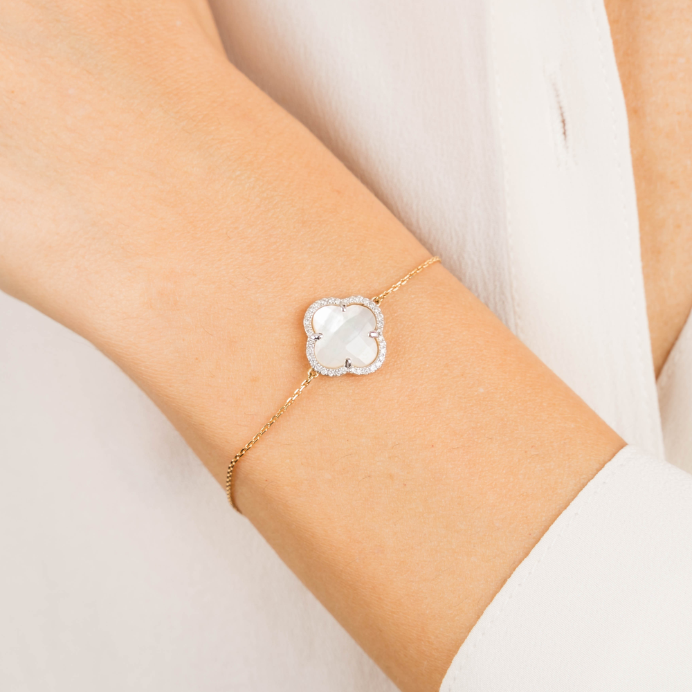 Bracelet, Nacre Blanche, Diamants, Or Jaune