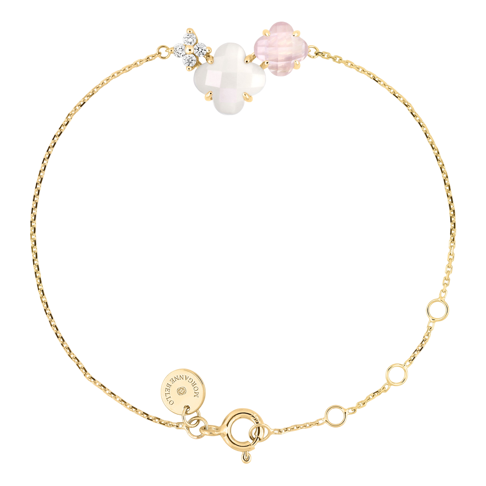 Bracelet, Quartz Rose, Diamants, Nacre Blanche, Or Jaune