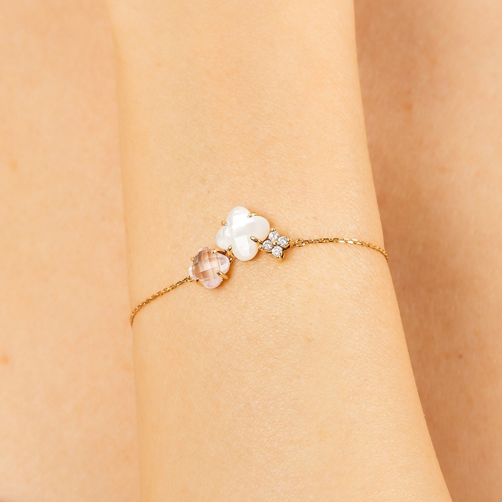 Bracelet, Quartz Rose, Diamants, Nacre Blanche, Or Jaune
