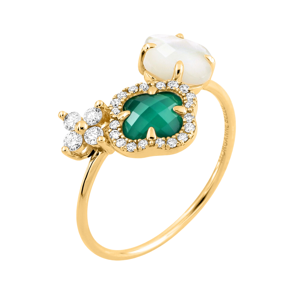 Bague, Agate Verte, Diamants, Nacre Blanche, Or Jaune
