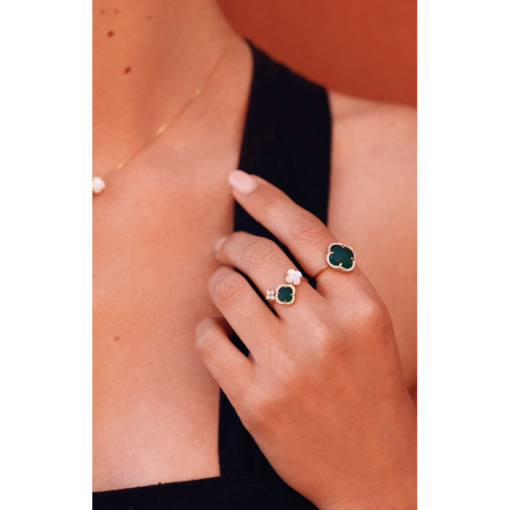 Bague, Agate Verte, Diamants, Nacre Blanche, Or Jaune