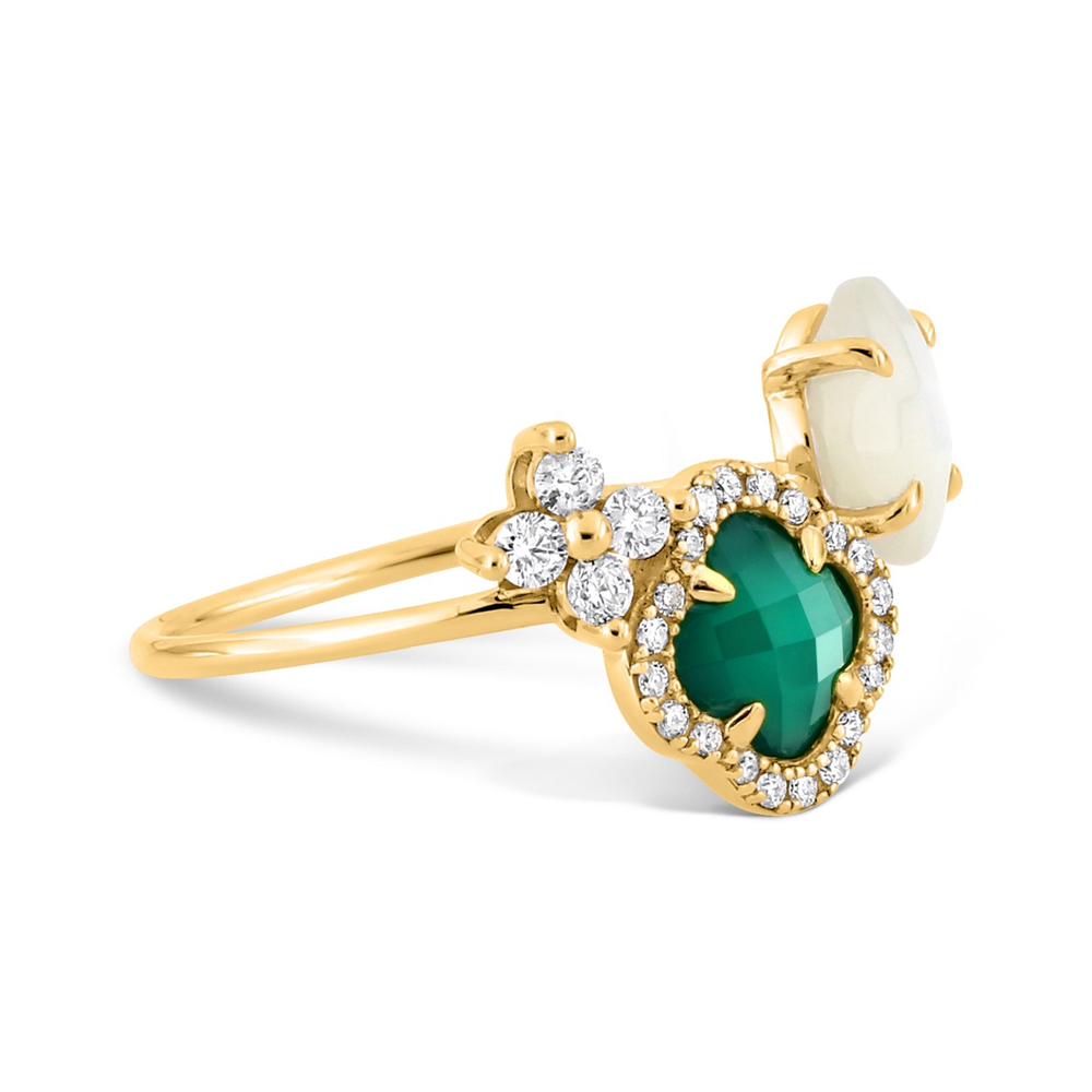 Bague, Agate Verte, Diamants, Nacre Blanche, Or Jaune