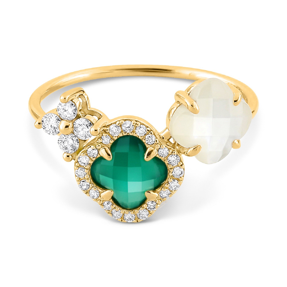 Bague, Agate Verte, Diamants, Nacre Blanche, Or Jaune