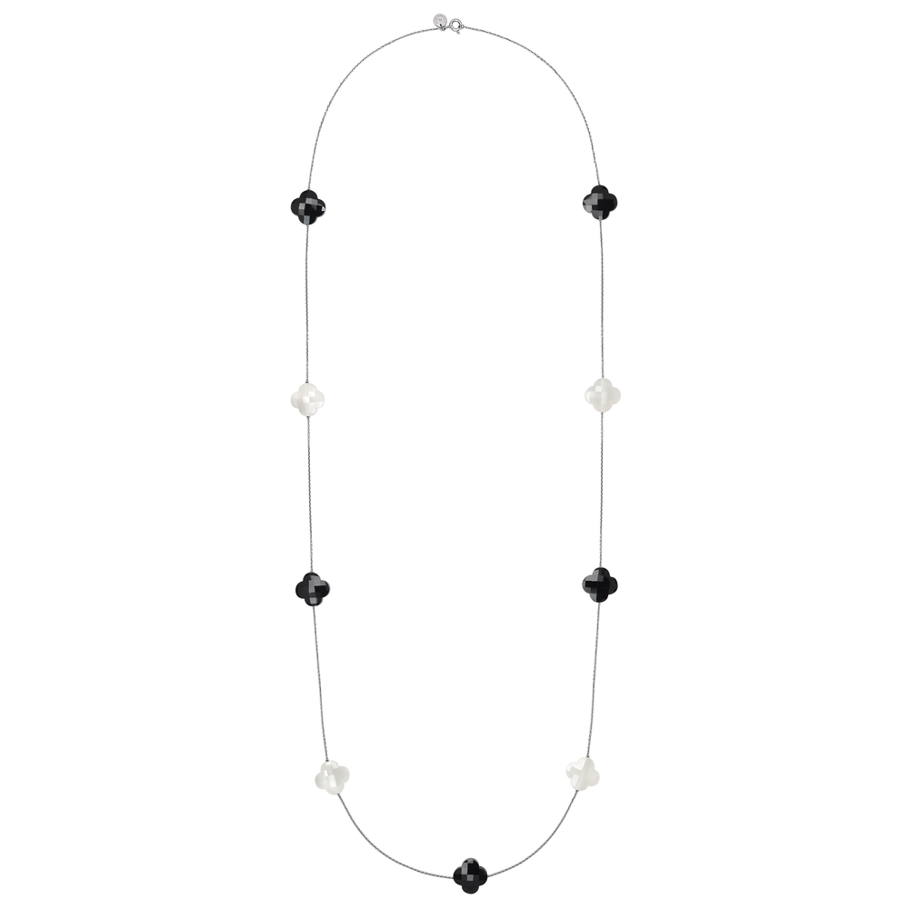 Sautoir, Onyx, Agate Blanche, Or Blanc