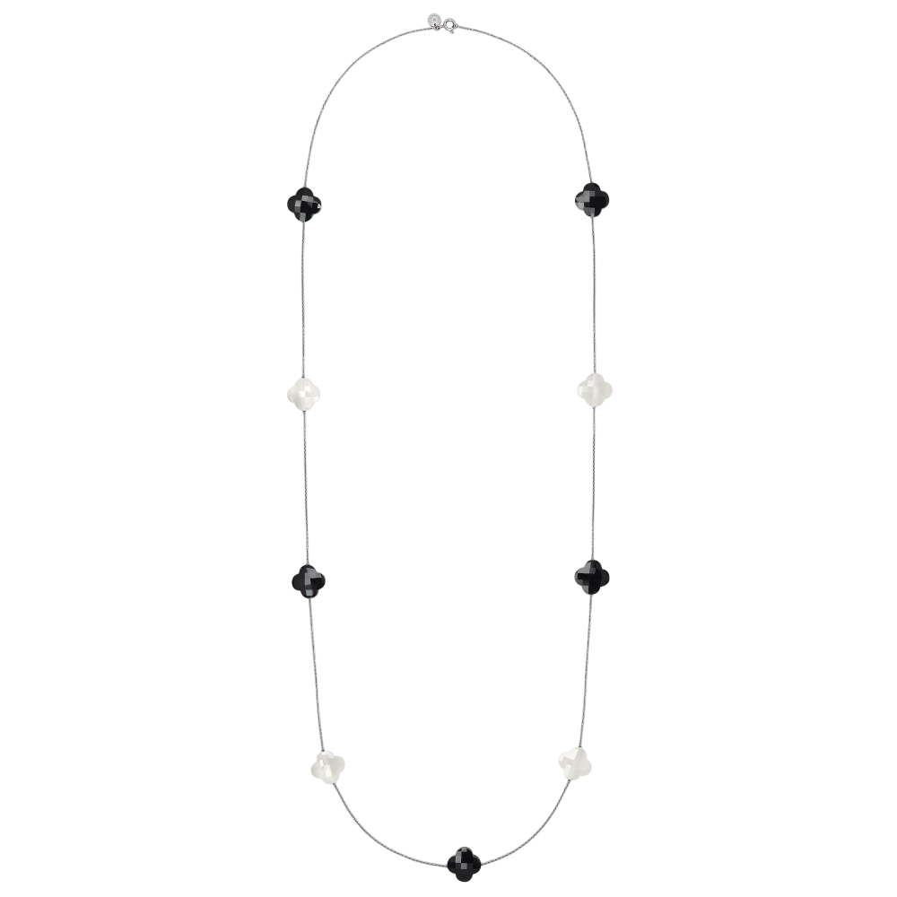 Sautoir, Onyx, Agate Blanche, Or Blanc