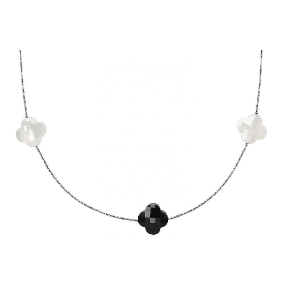 Sautoir, Onyx, Agate Blanche, Or Blanc