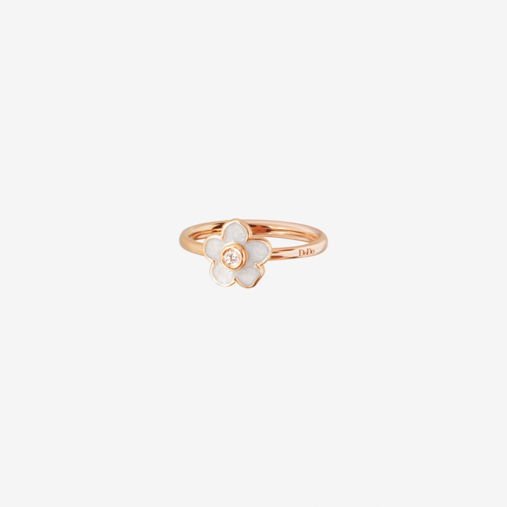 Bague Fleur Or Rose, Émail & Diamant