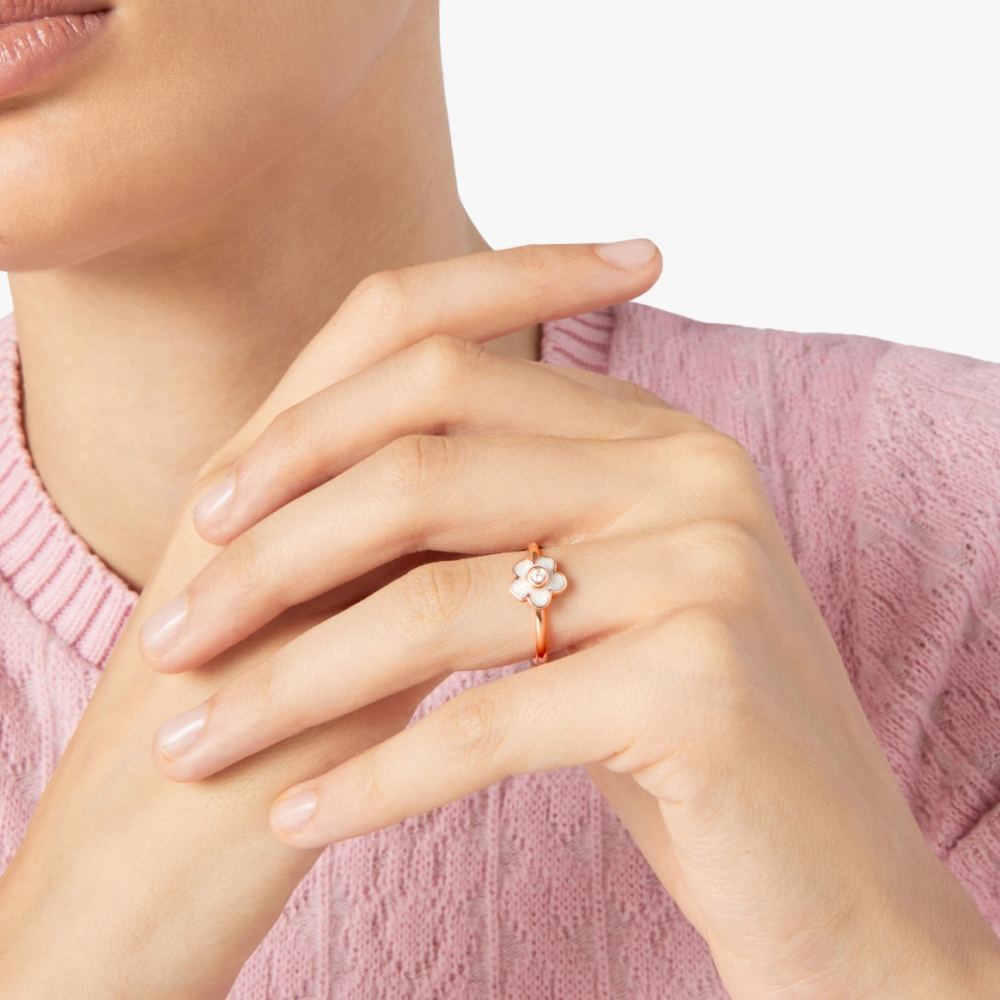 Bague Fleur Or Rose, Émail & Diamant