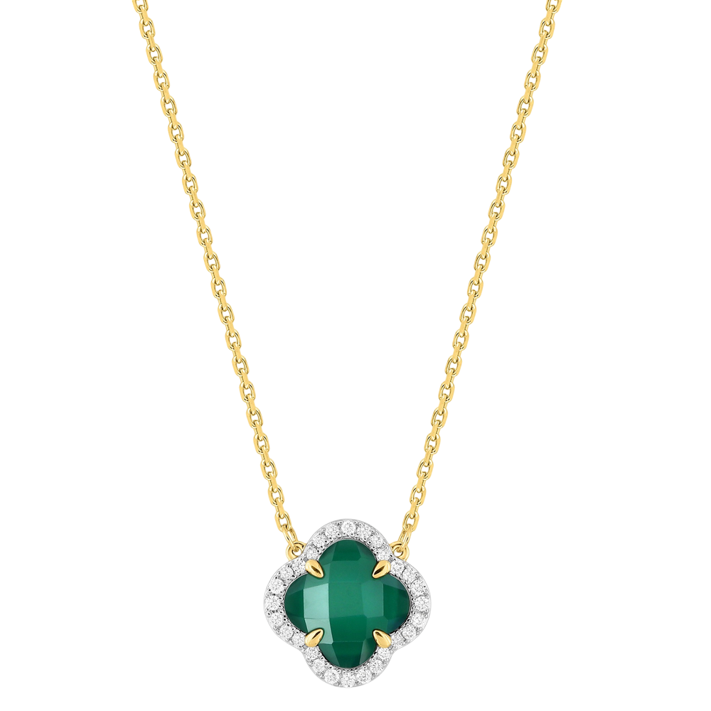 Collier, Mini Agate Verte, Diamants, Or Jaune