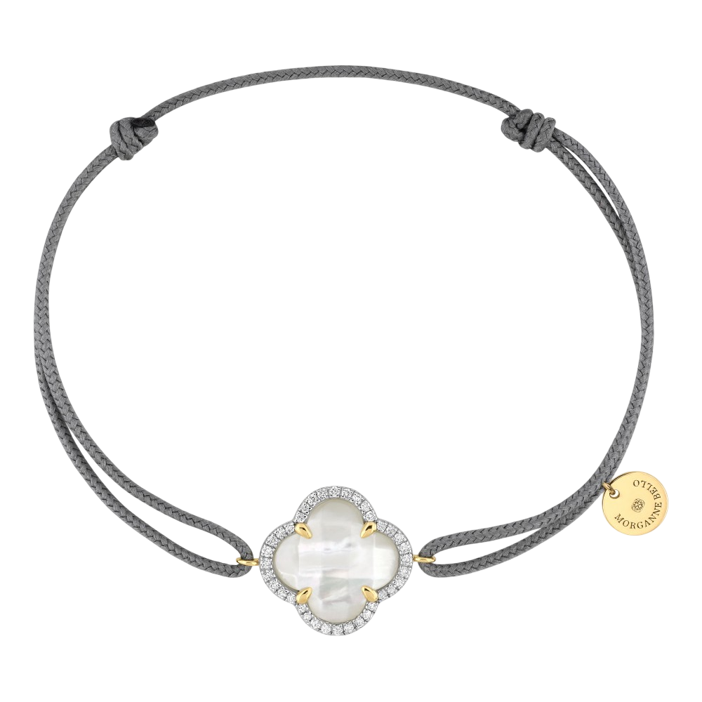 Bracelet, Nacre Blanche, Diamants, Cordon Gris, Or Jaune