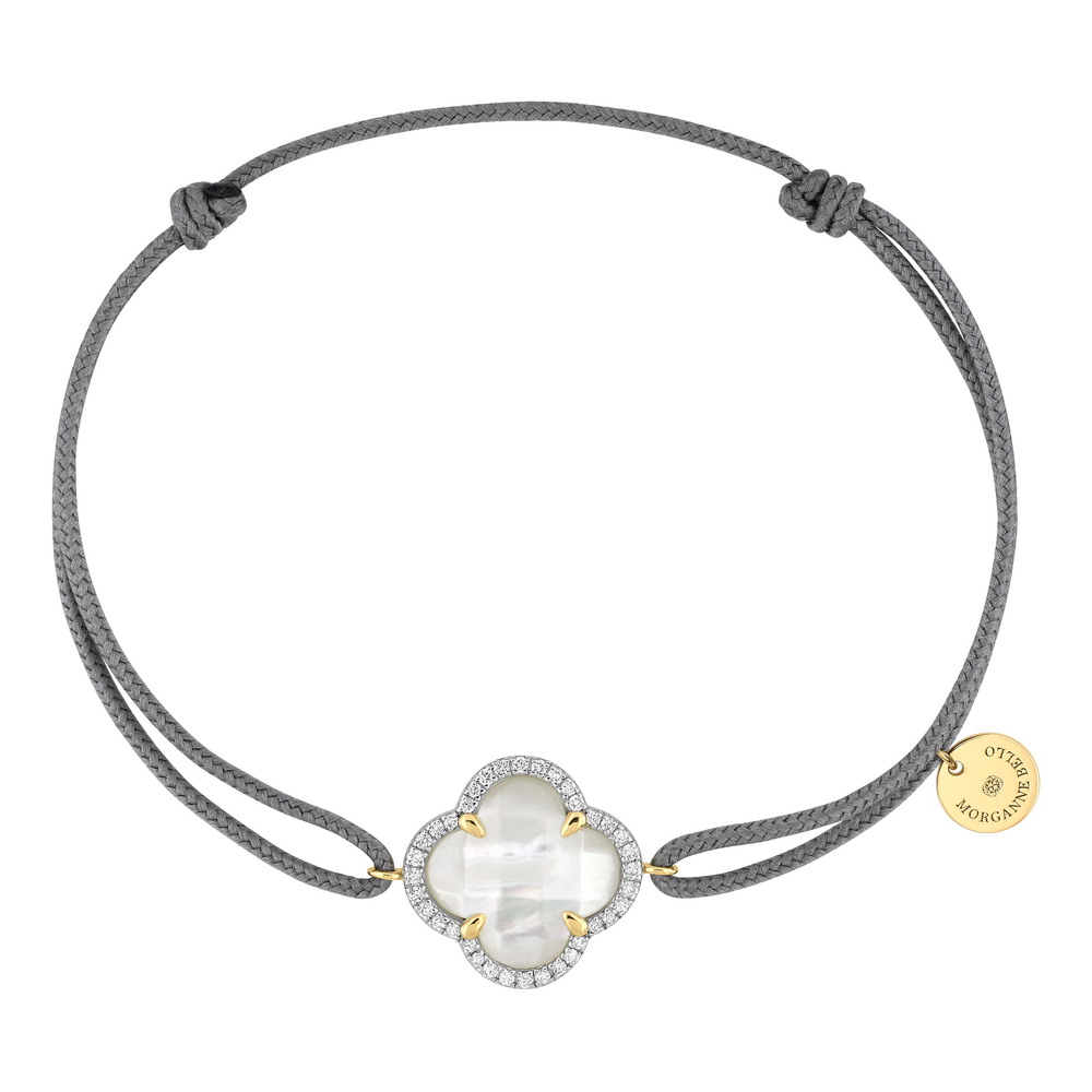 Bracelet, Nacre Blanche, Diamants, Cordon Gris, Or Jaune