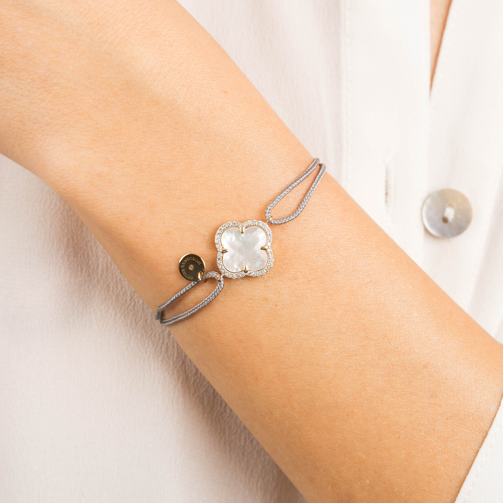 Bracelet, Nacre Blanche, Diamants, Cordon Gris, Or Jaune