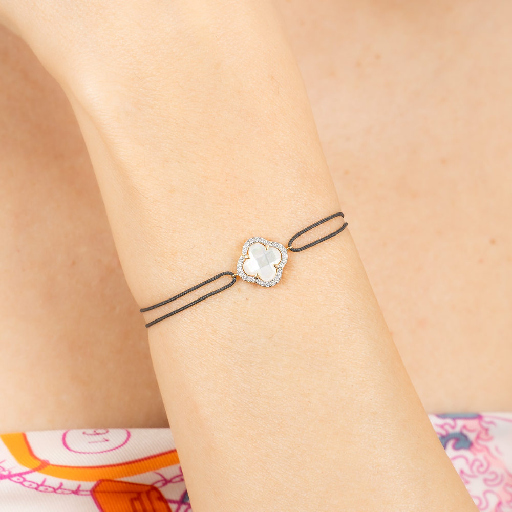 Bracelet, Nacre Blanche, Diamants, Cordon Gris, Or Jaune