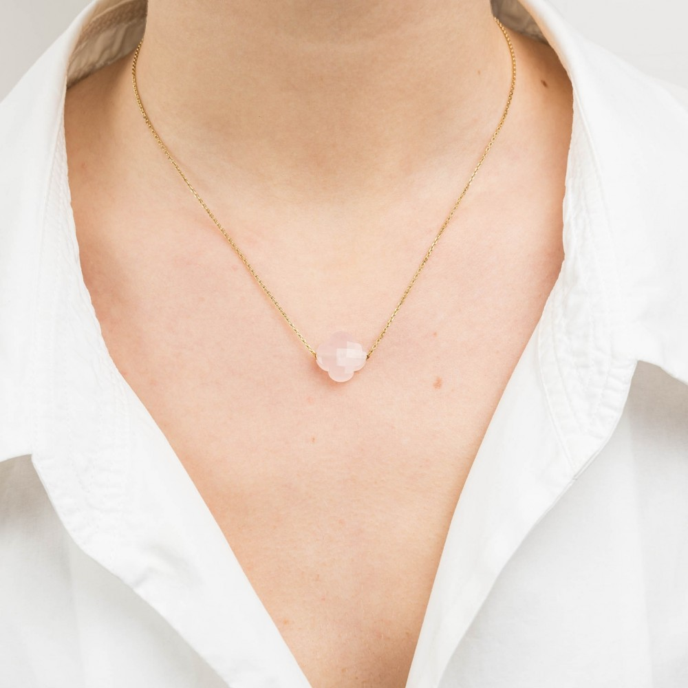 Collier, Quartz Rose Poudre, Or Jaune
