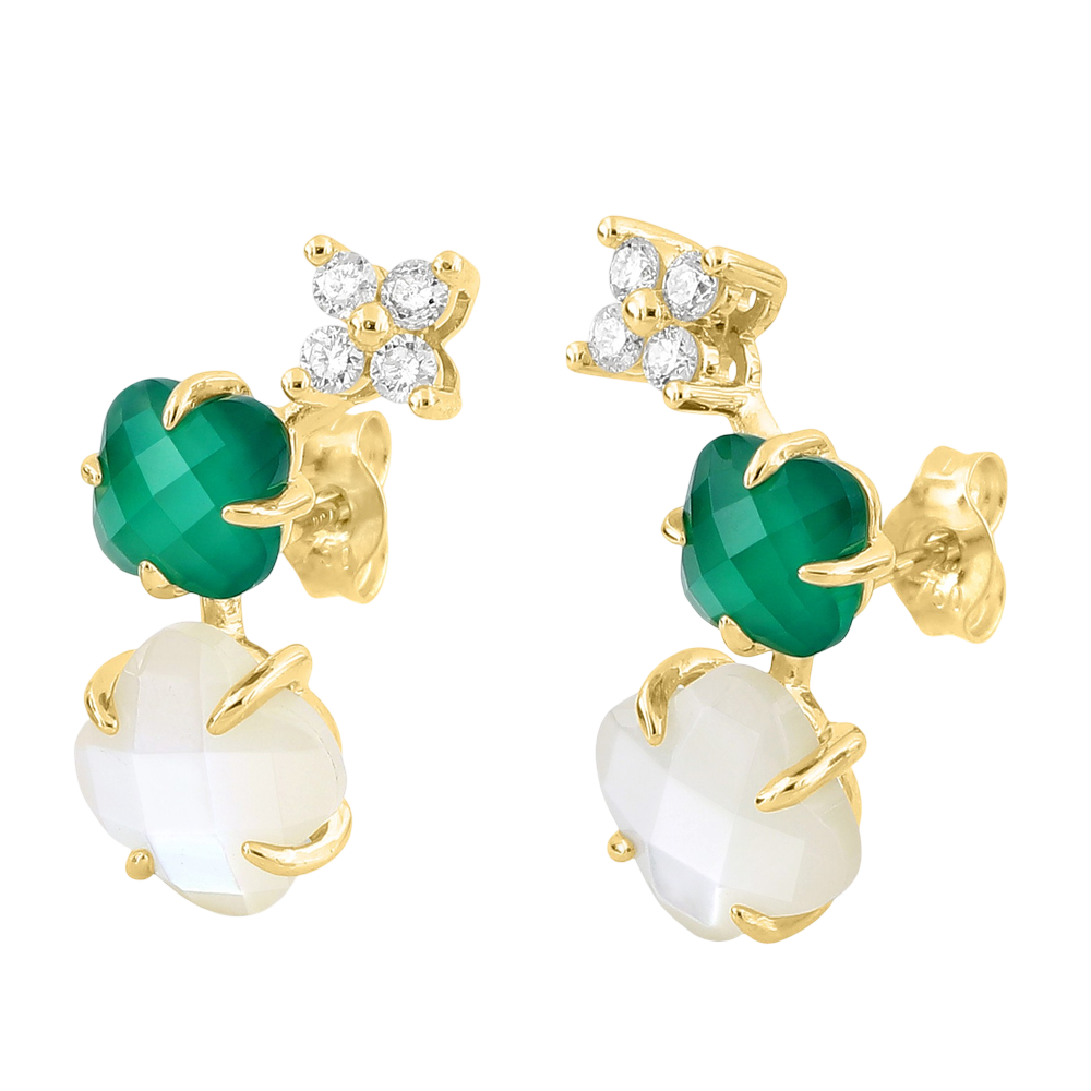 Boucles D'oreilles, Nacre Blanche, Agate Verte, Diamants, Or Jaune