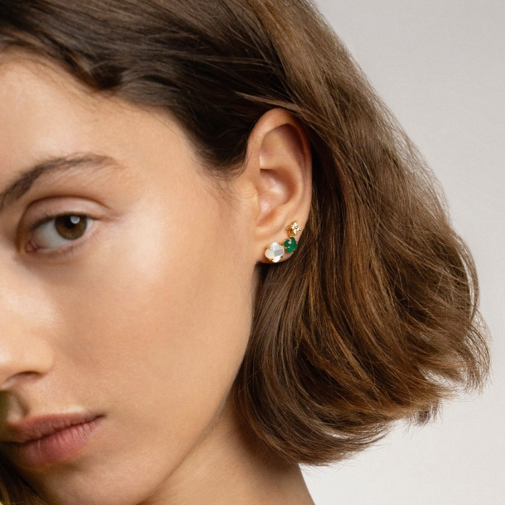 Boucles D'oreilles, Nacre Blanche, Agate Verte, Diamants, Or Jaune