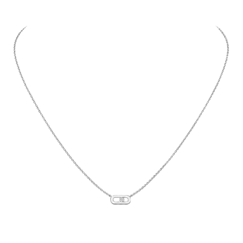 Collier Move Uno, mini modèle Collier Move Uno en or blanc 18 carats, motif serti d'un diamant mobile taille brillant en son centre.