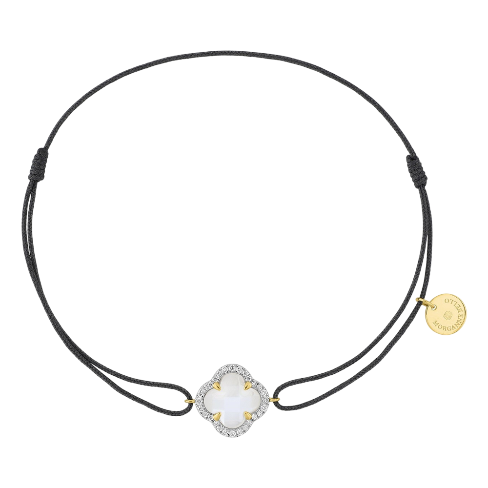 Bracelet, Mini Nacre Blanche, Diamants, Cordon Gris, Or Jaune