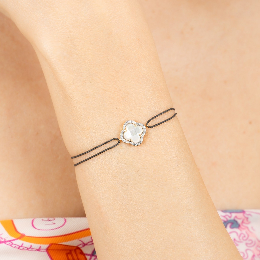 Bracelet, Mini Nacre Blanche, Diamants, Cordon Gris, Or Jaune