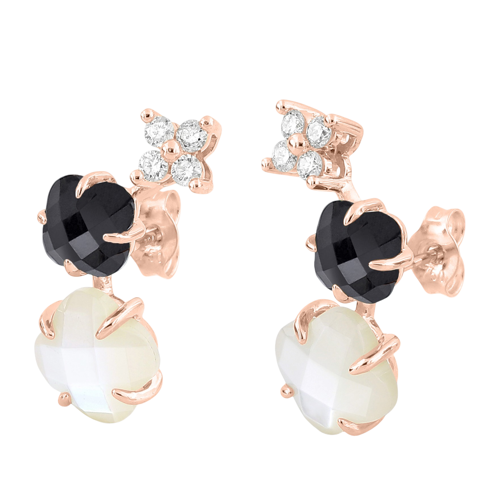 Boucles D'oreilles, Nacre Blanche, Onyx, Diamants, Or Rose