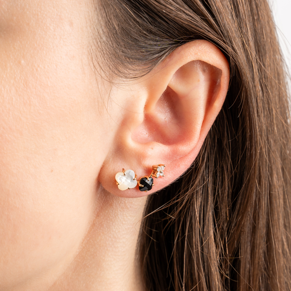 Boucles D'oreilles, Nacre Blanche, Onyx, Diamants, Or Rose