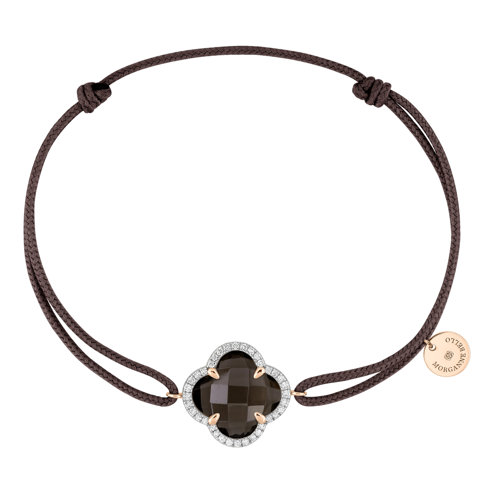 Bracelet, Quartz Fume, Diamants, Cordon Taupe, Or Rose
